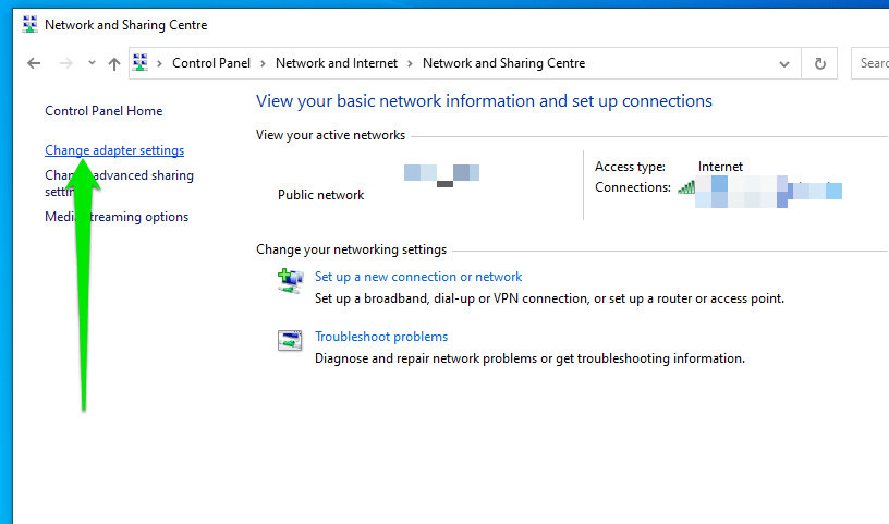 Switch to the left side of the next page and click Change Adapter Settings