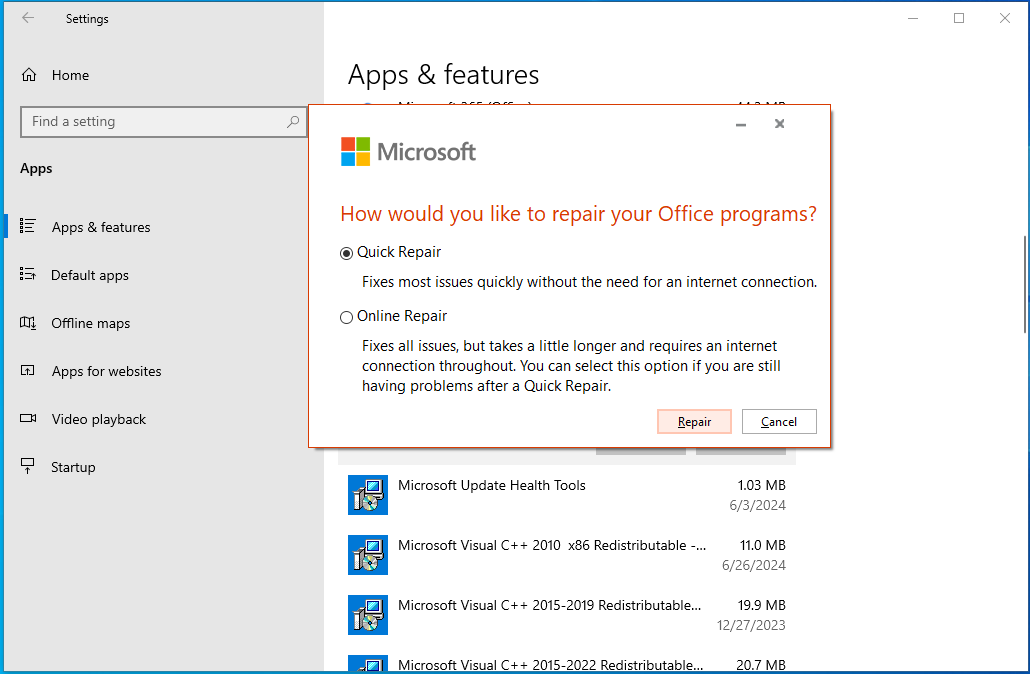 Click <i>Modify </i>, and then select <i>Quick </i><em> Repair</em> from the pop-up dialog box