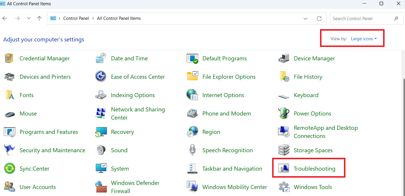 In the Control Panel window, click on Troubleshooting