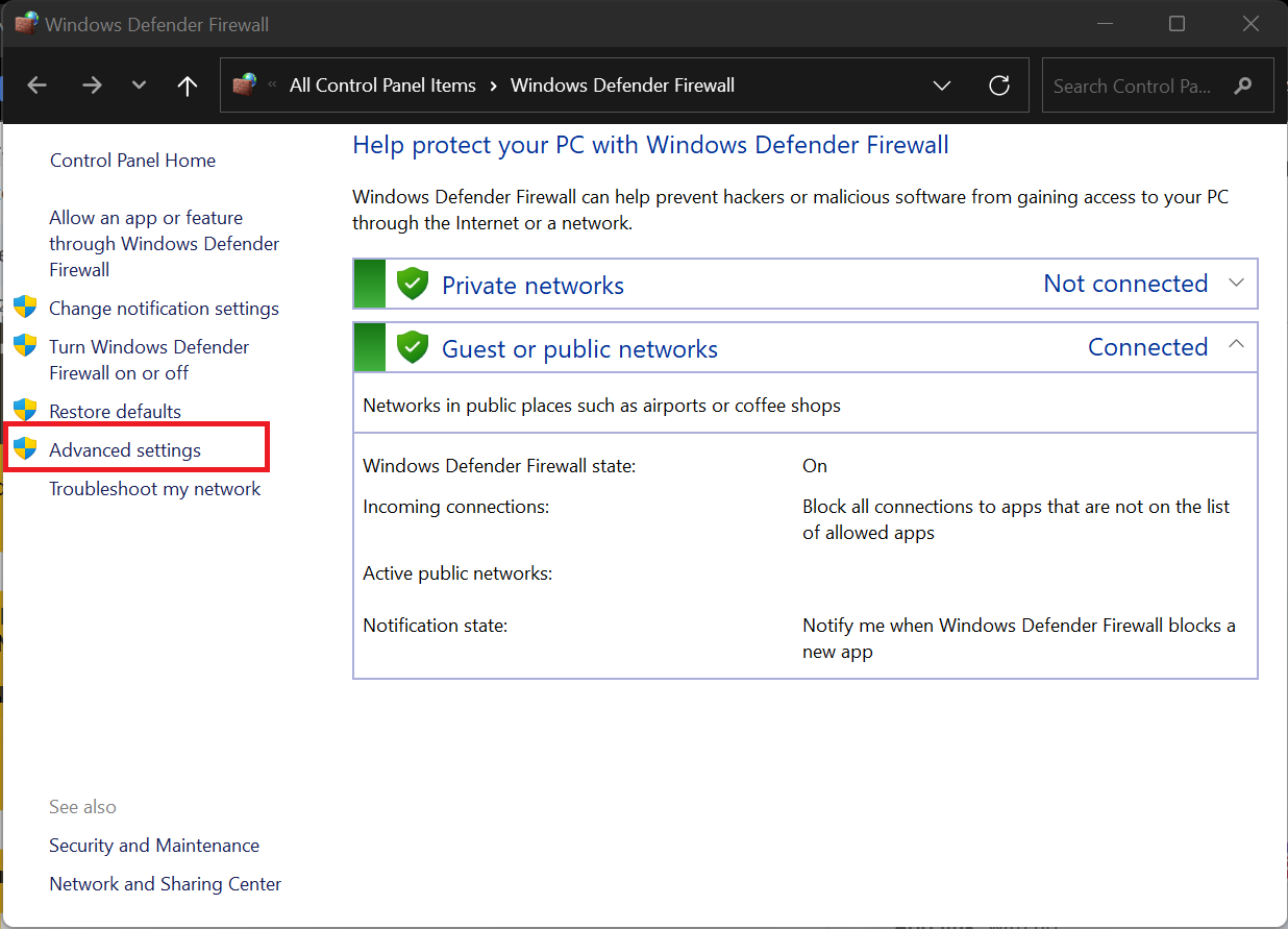 In the left pane, click on Advanced Settings to open the firewall’ s advanced configuration
