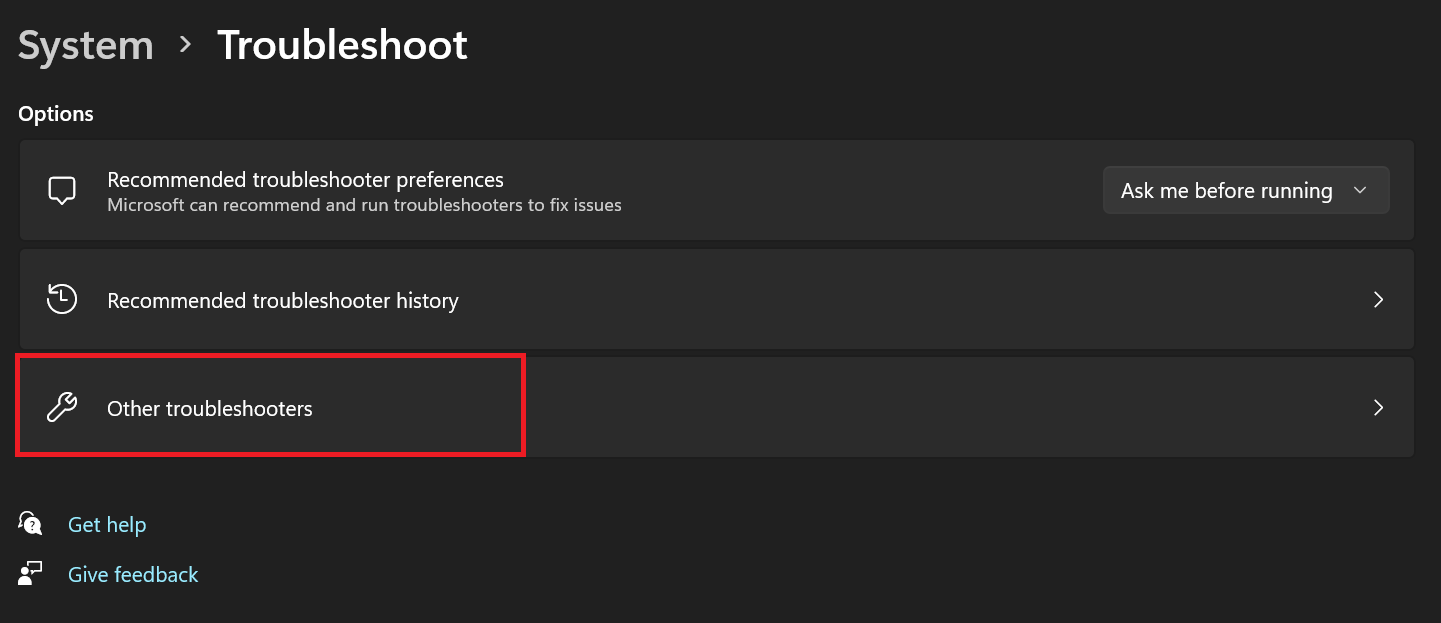Click on Other troubleshooters