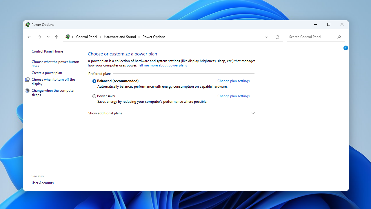 Click “Choose a power plan” under “Power Options.” Click “Change plan settings.”