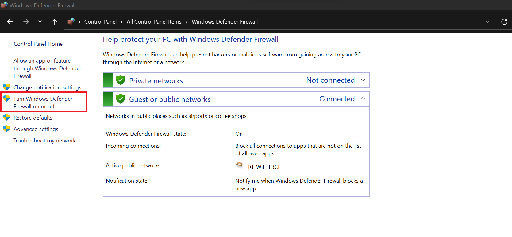 On your left, click Turn Windows Defender Firewall on or off