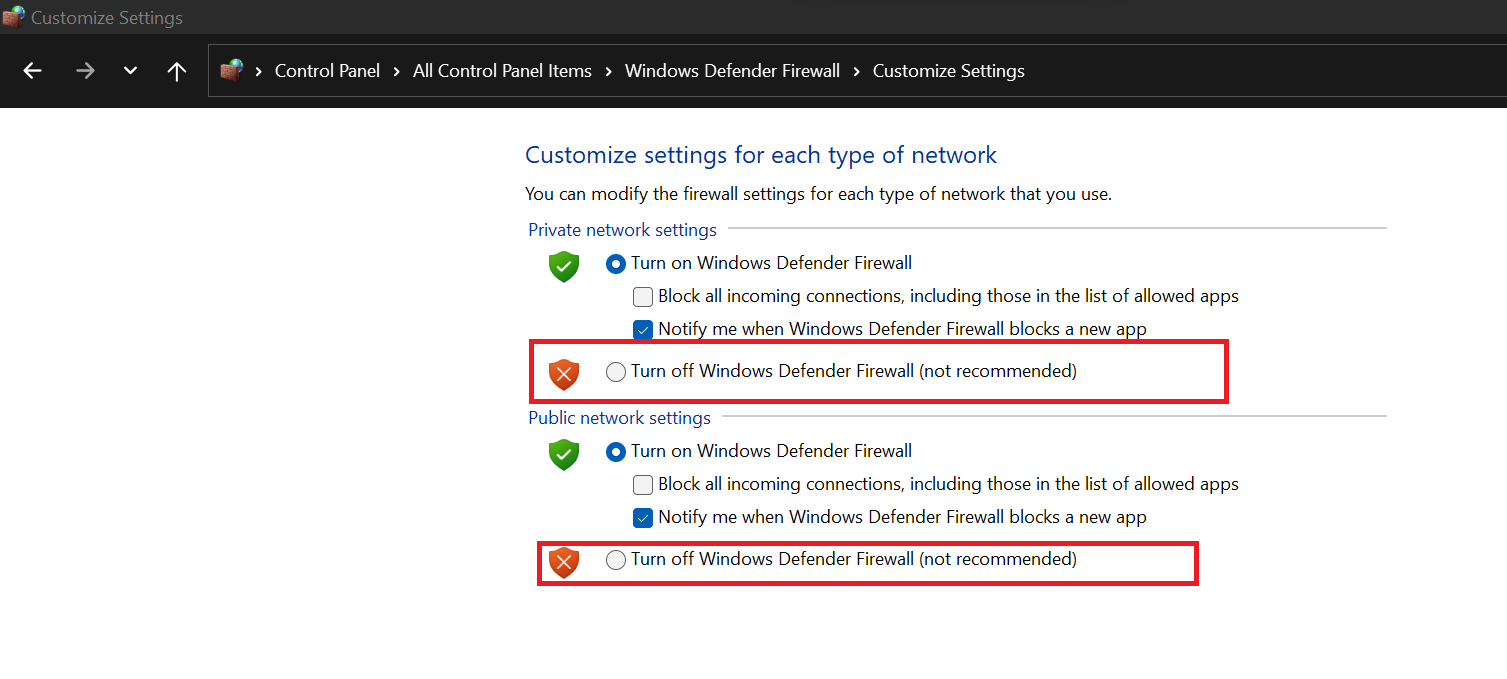 Choose Turn off Windows Defender Firewall for each type of network you use and see if this resolves the problem