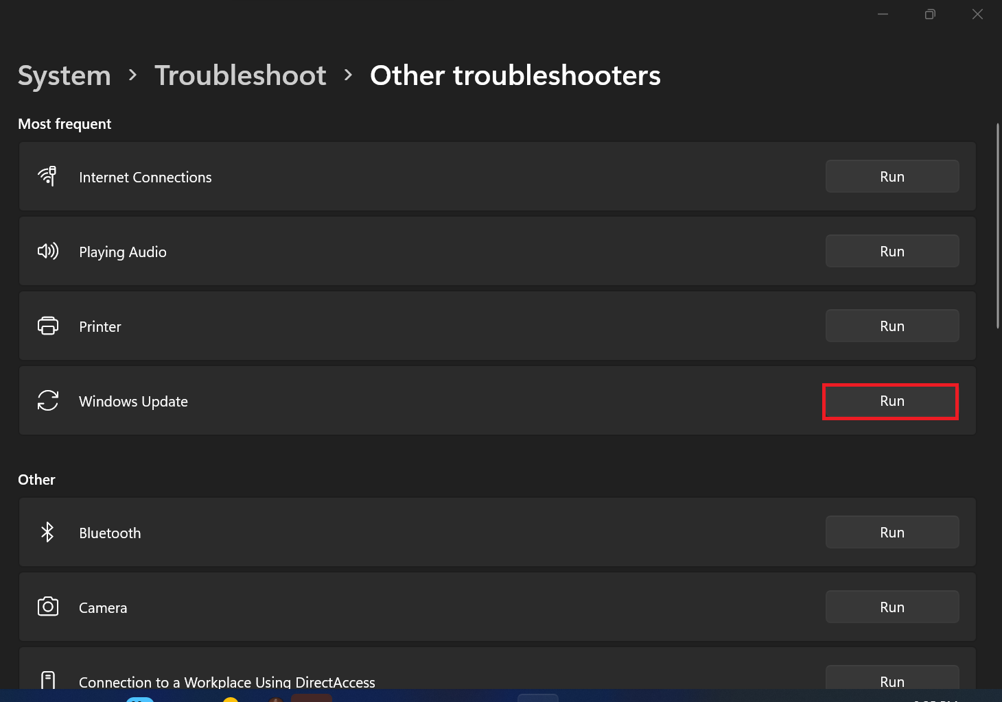 Under Most frequent, select Windows Update and select Run