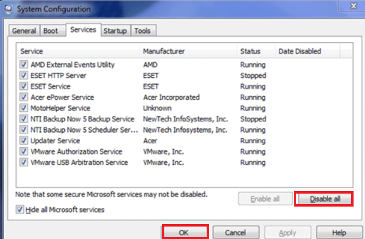Click Disable all to turn off non-Microsoft services