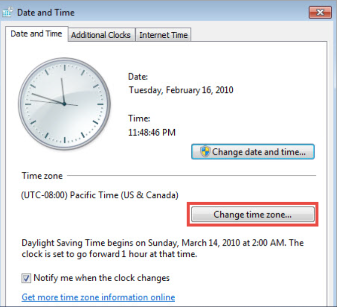Make sure the time zone is correct; if not, click Change time zone to adjust it