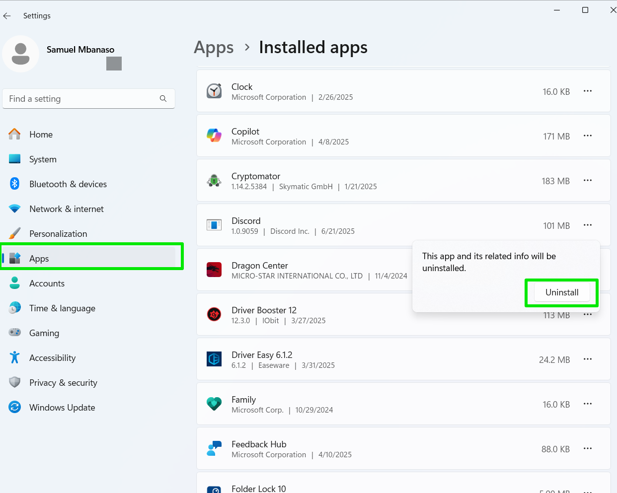 Select Uninstall