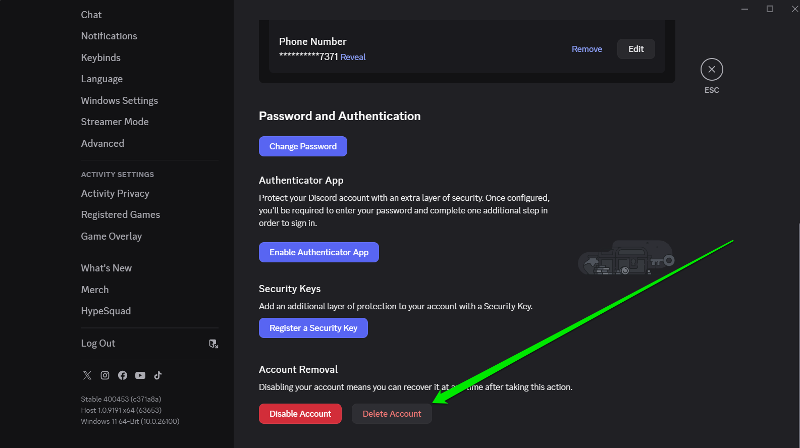 Scroll to the bottom of the main Settings page and click the Delete Account button